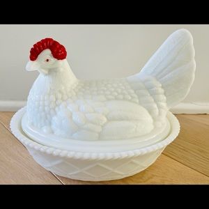 Vintage Westmoreland White Milk Glass Candy Dish Red Comb Hen Chicken on Nest